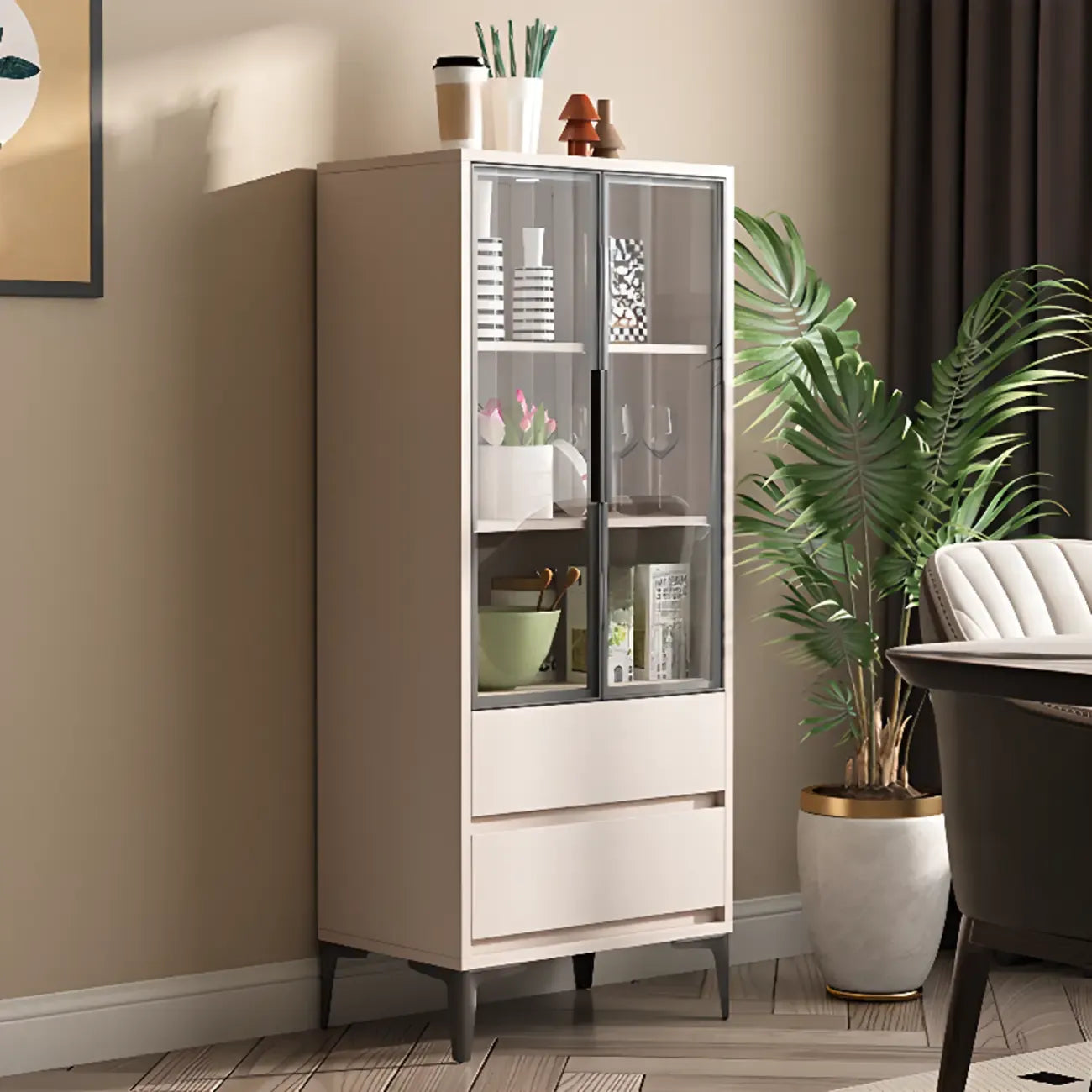 Vitrine en bois kaki avec étagère réglable et tiroir