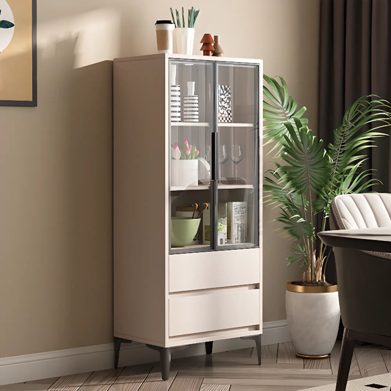 Vitrine en bois kaki avec étagère réglable et tiroir