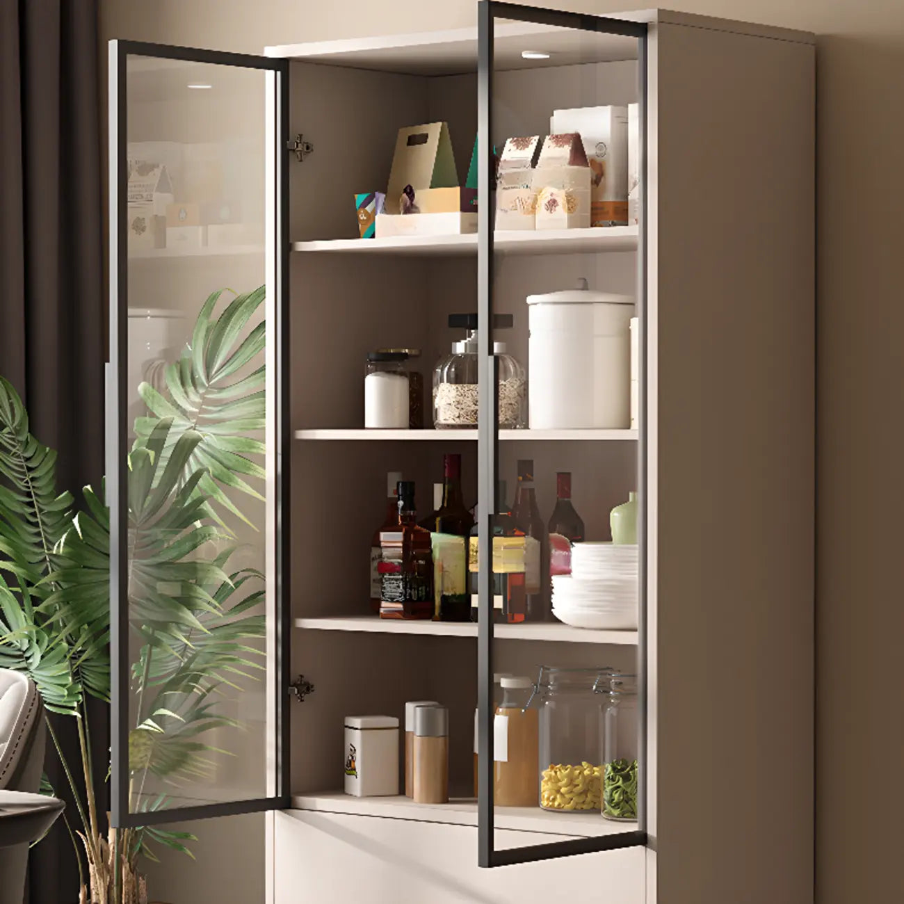 Vitrine en bois kaki avec étagère réglable et tiroir