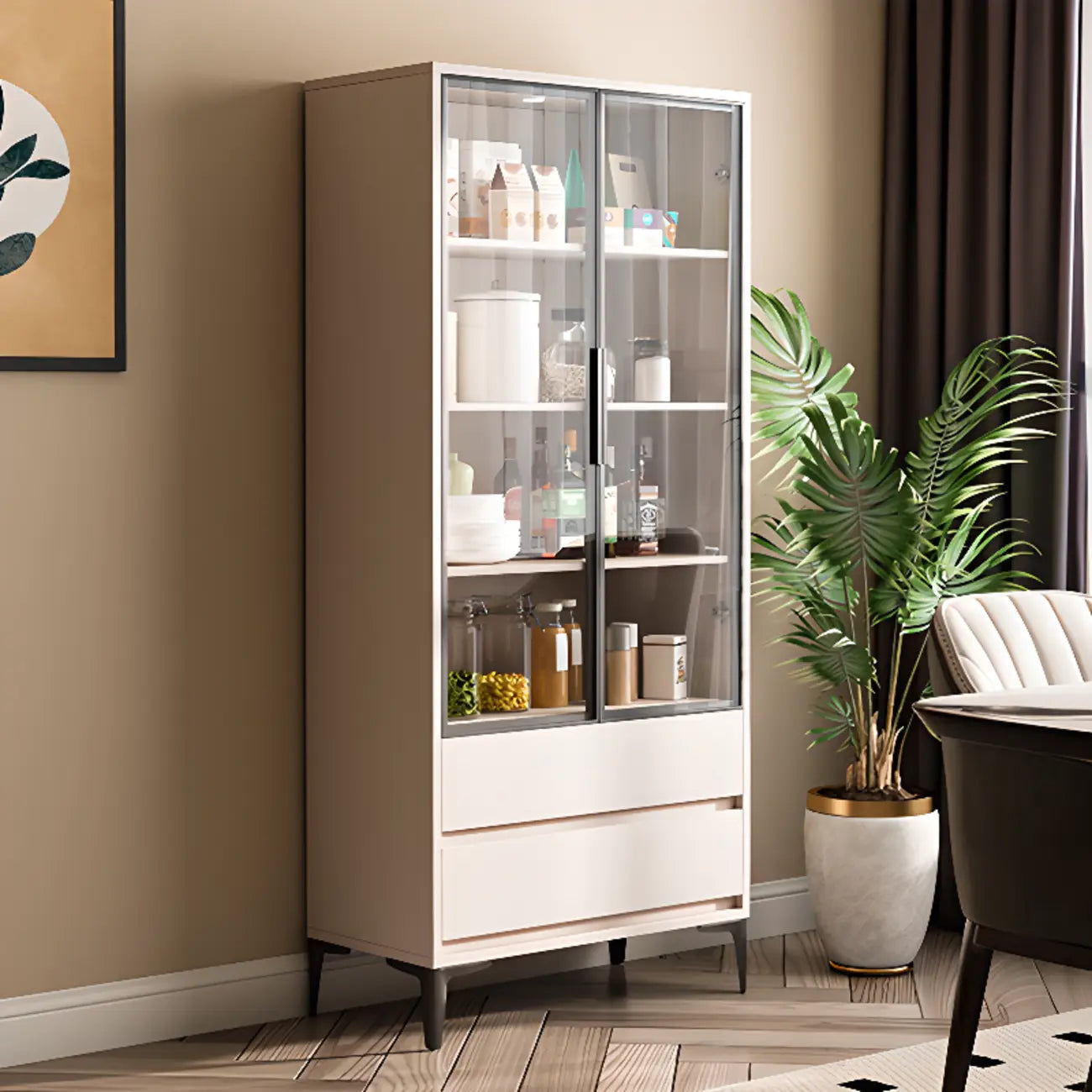 Vitrine en bois kaki avec étagère réglable et tiroir