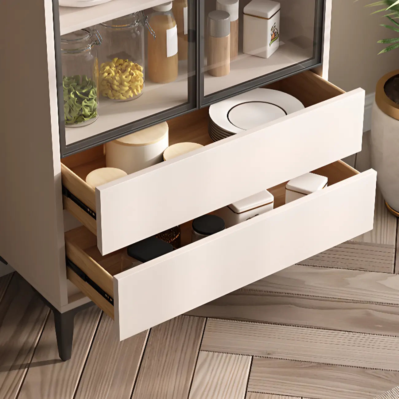 Vitrine en bois kaki avec étagère réglable et tiroir