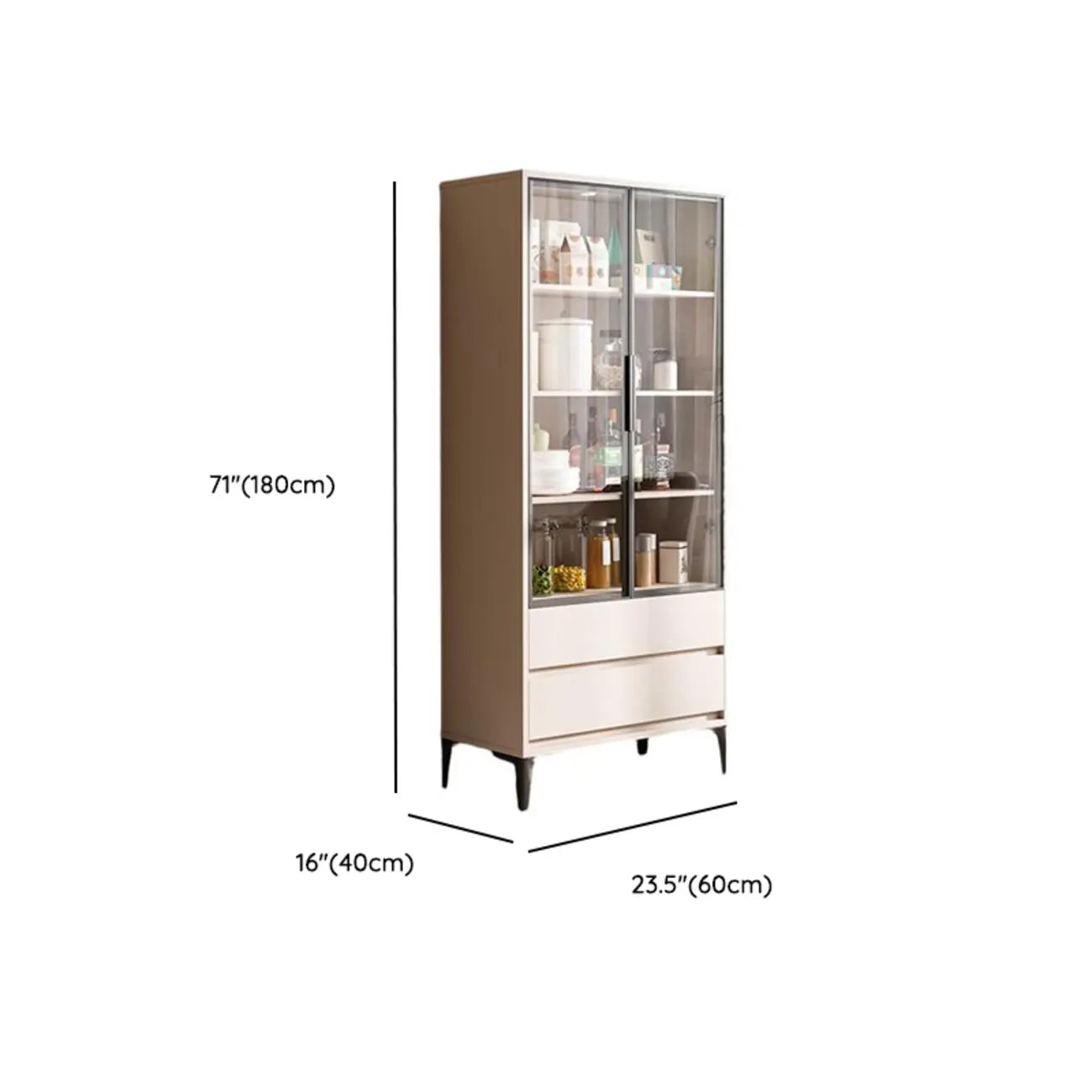 Vitrine en bois kaki avec étagère réglable et tiroir