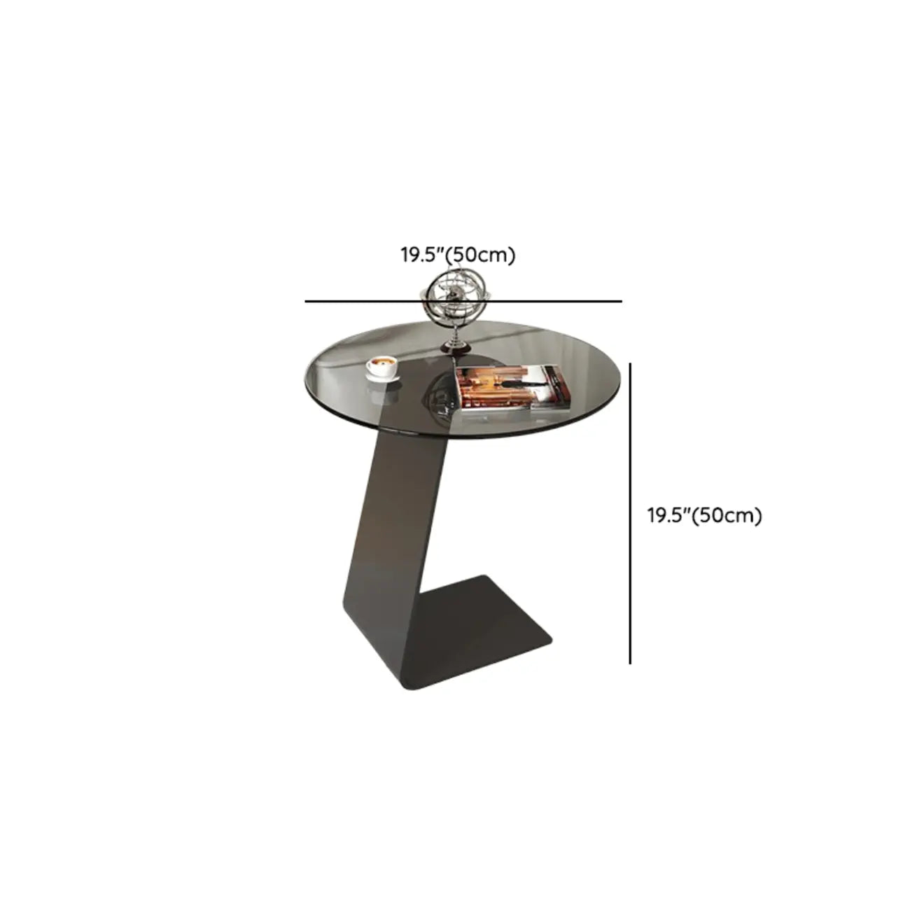 Table d'appoint en métal avec plateau en verre noir en forme de C pour salon