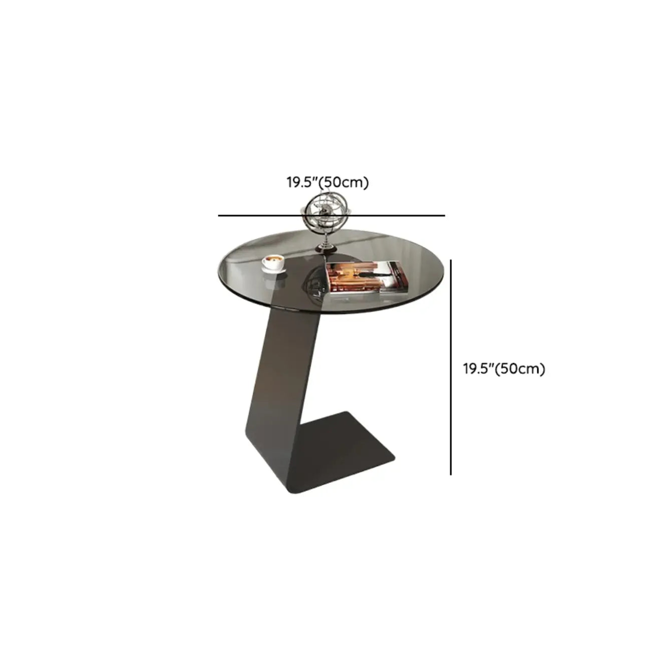 Table d'appoint en métal avec plateau en verre noir en forme de C pour salon