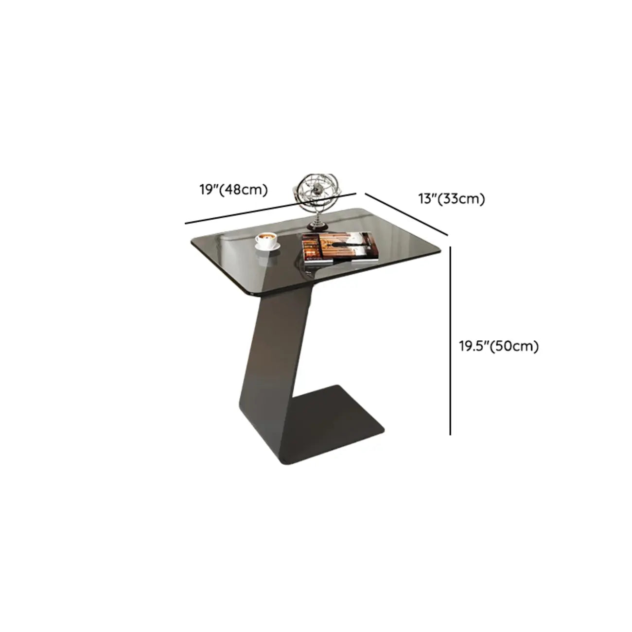 Table d'appoint en métal avec plateau en verre noir en forme de C pour salon