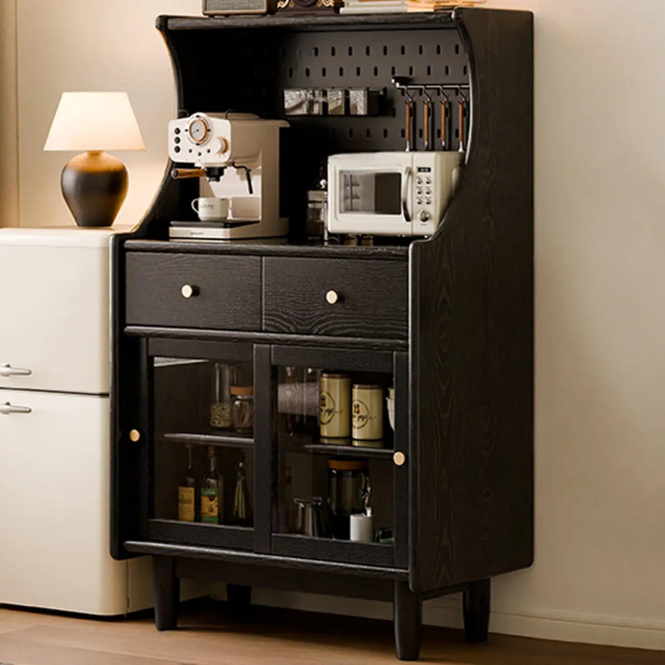 Buffet de rangement ouvert à 2 tiroirs en bois de cerisier avec éclairage