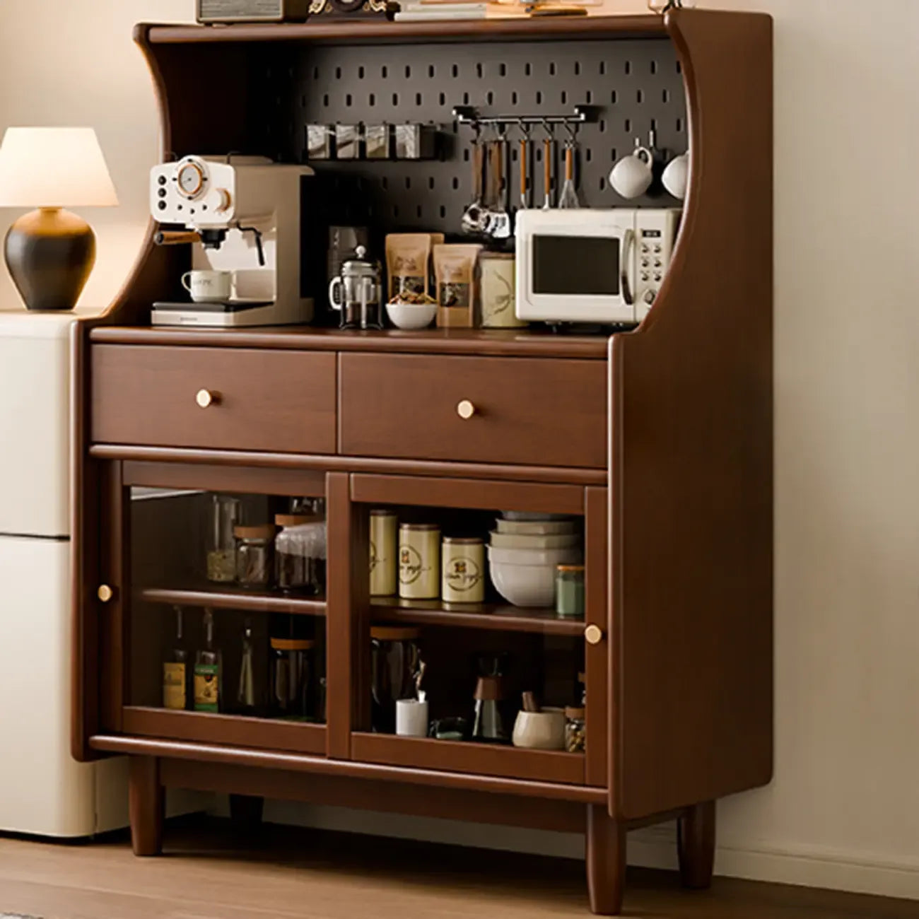 Buffet de rangement ouvert à 2 tiroirs en bois de cerisier avec éclairage