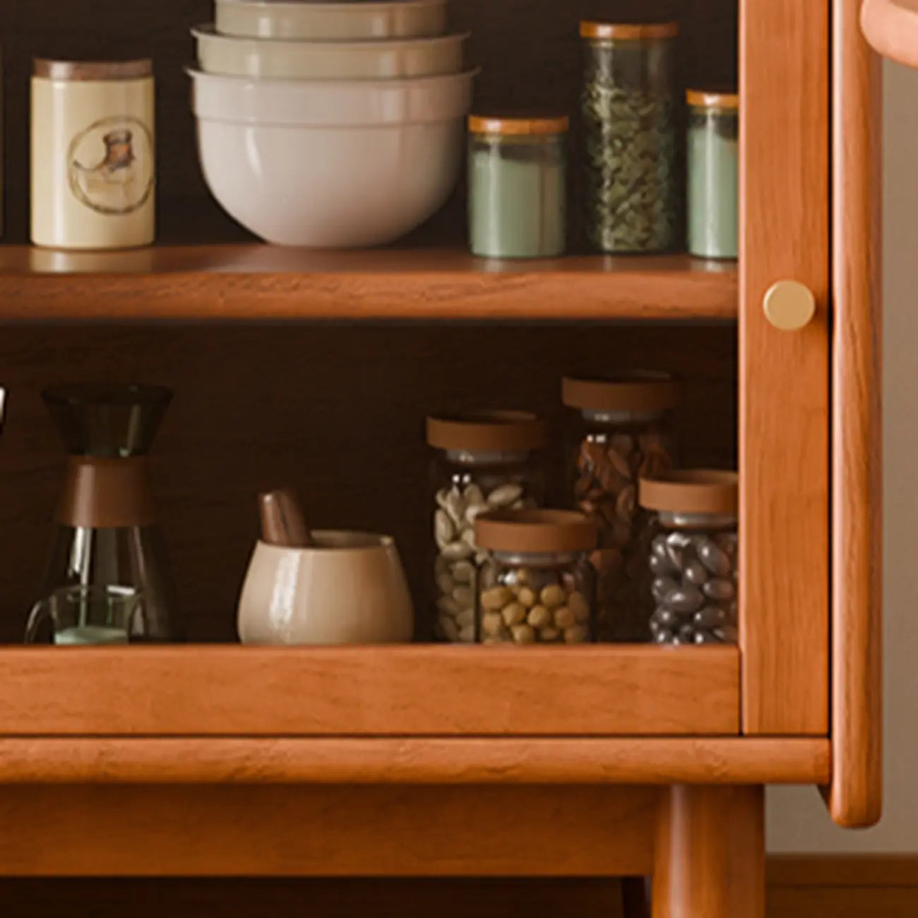Buffet de rangement ouvert à 2 tiroirs en bois de cerisier avec éclairage