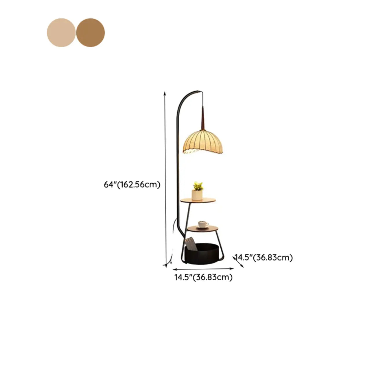 Étagère de rangement élégante en tissu, fer et bois, lampadaire arqué