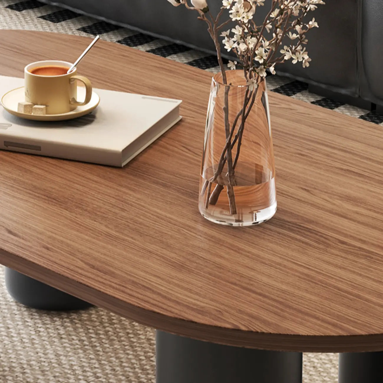 Table basse ovale simple à 4 pieds en bois et pierre pour salon