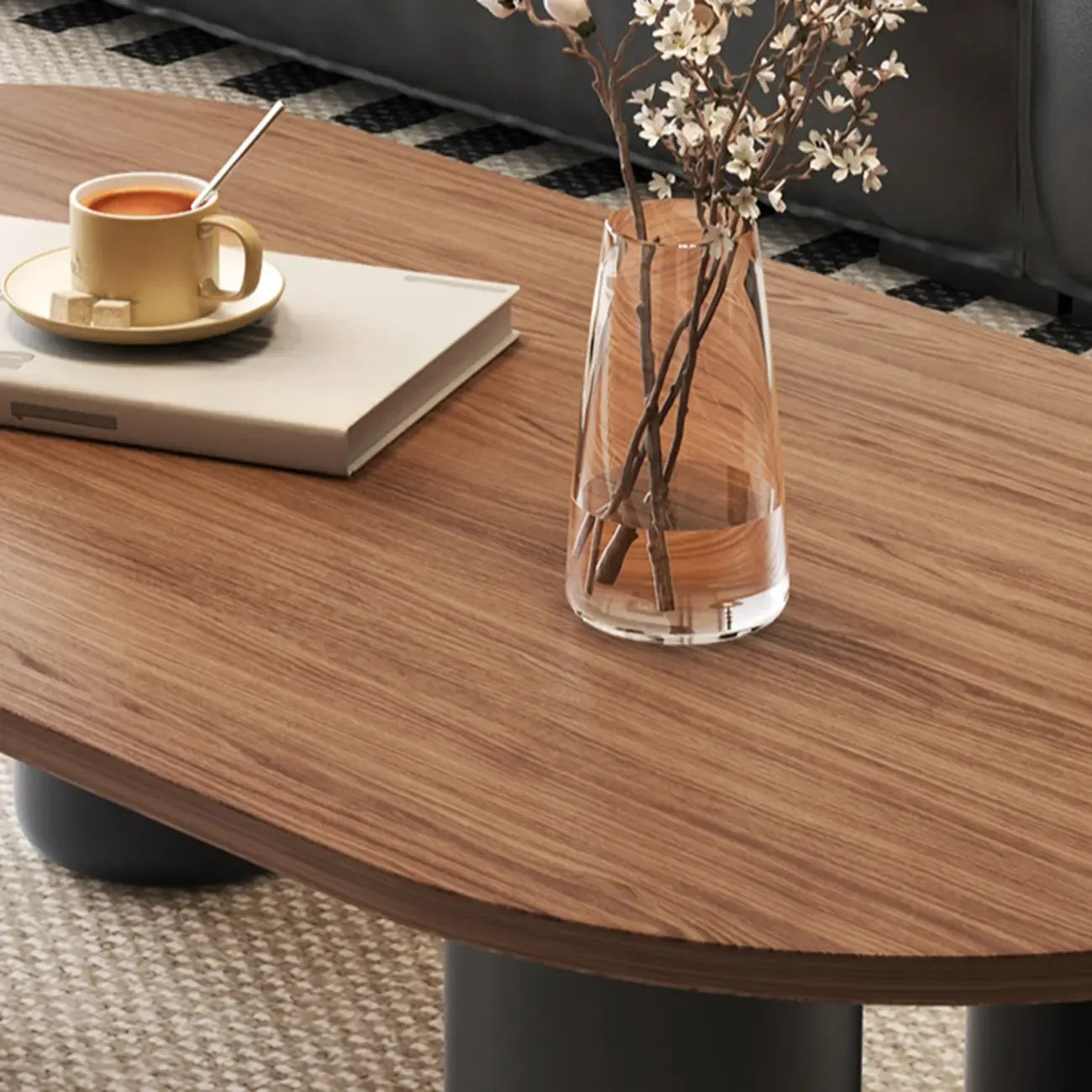 Table basse ovale simple à 4 pieds en bois et pierre pour salon