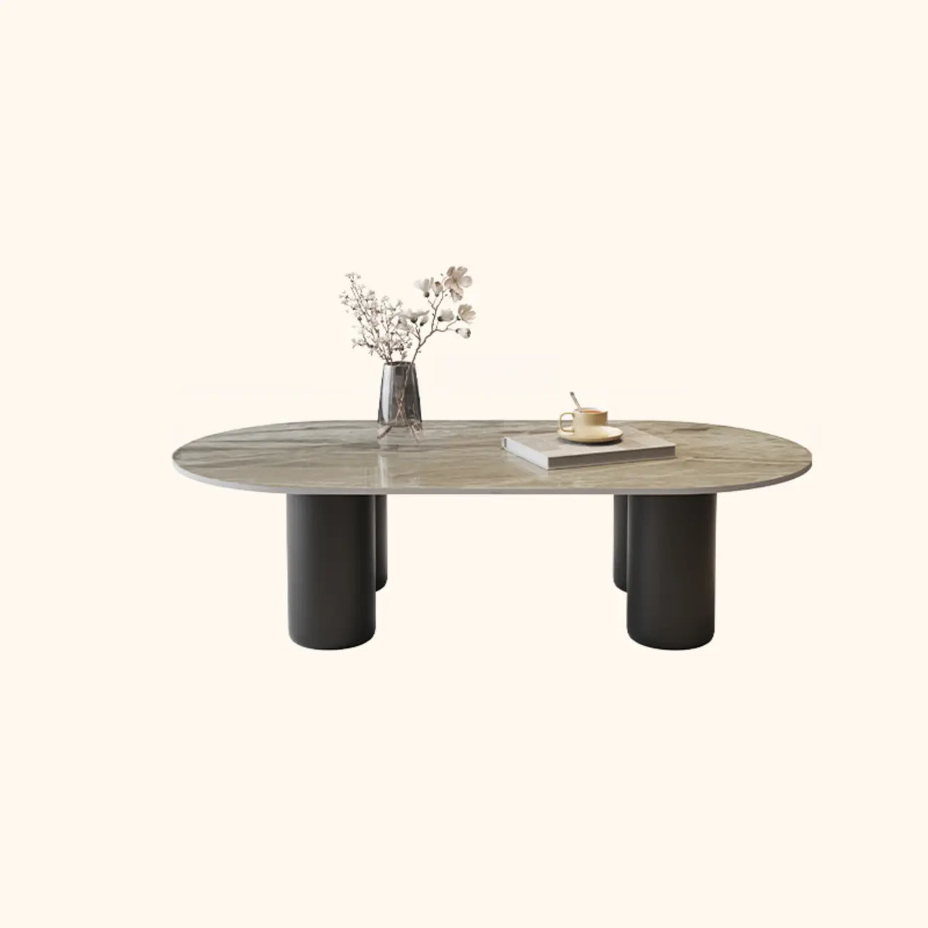 Table basse ovale simple à 4 pieds en bois et pierre pour salon