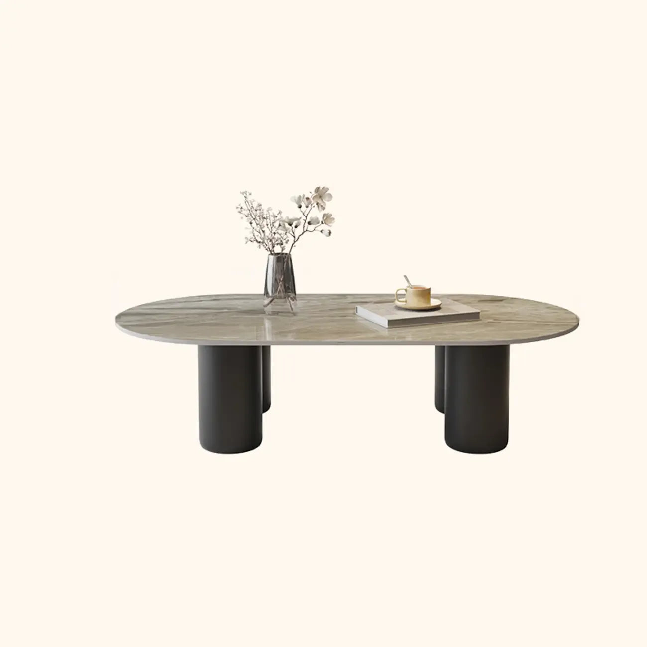 Table basse ovale simple à 4 pieds en bois et pierre pour salon