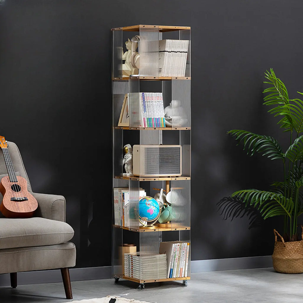 Bibliothèque minimaliste en acrylique et bambou à 5 étagères étroites