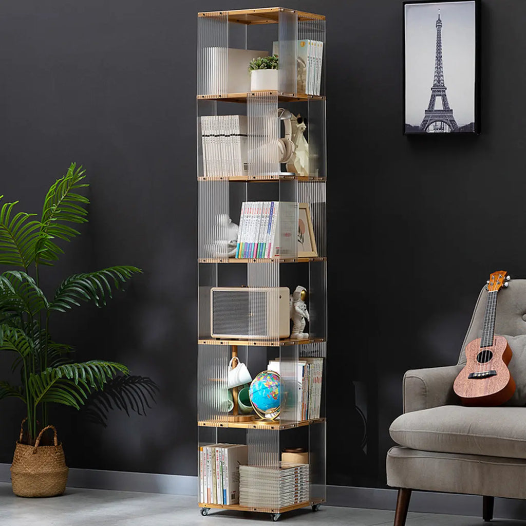 Bibliothèque minimaliste en acrylique et bambou à 5 étagères étroites