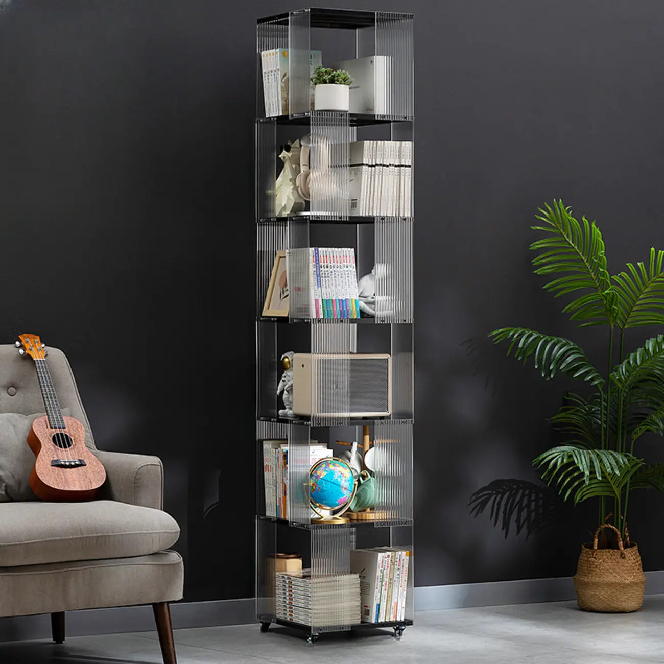 Bibliothèque minimaliste en acrylique et bambou à 5 étagères étroites