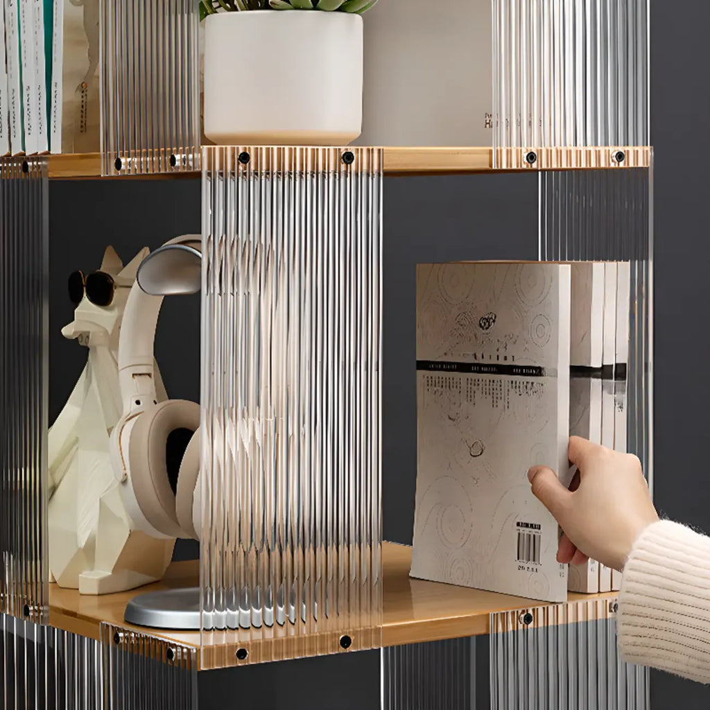 Bibliothèque minimaliste en acrylique et bambou à 5 étagères étroites