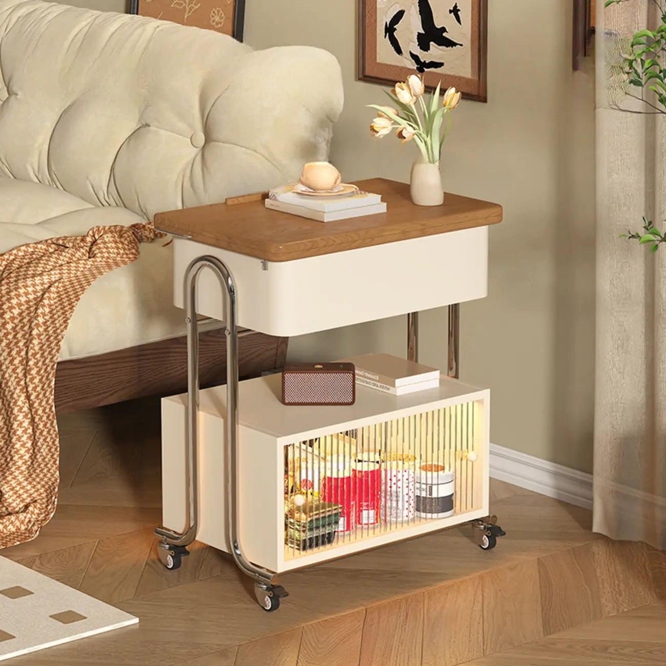 Table d'appoint moderne à roulettes avec plateau pliable et rangement dissimulé