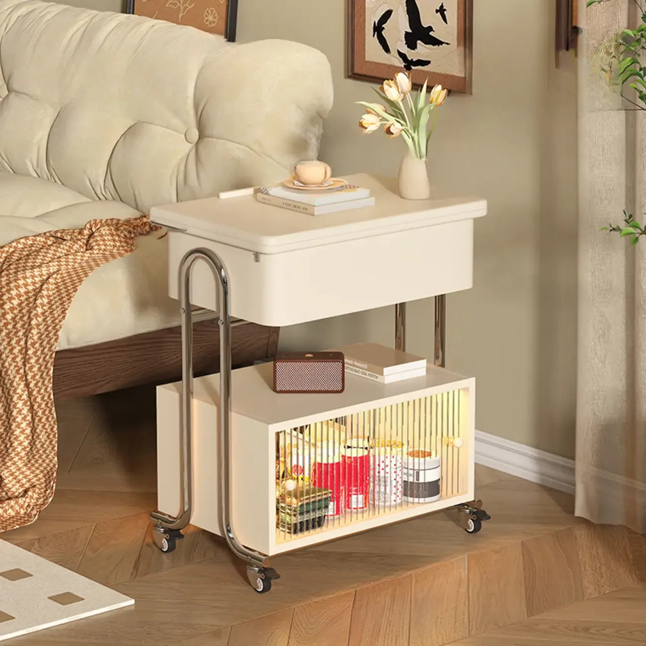 Table d'appoint moderne à roulettes avec plateau pliable et rangement dissimulé