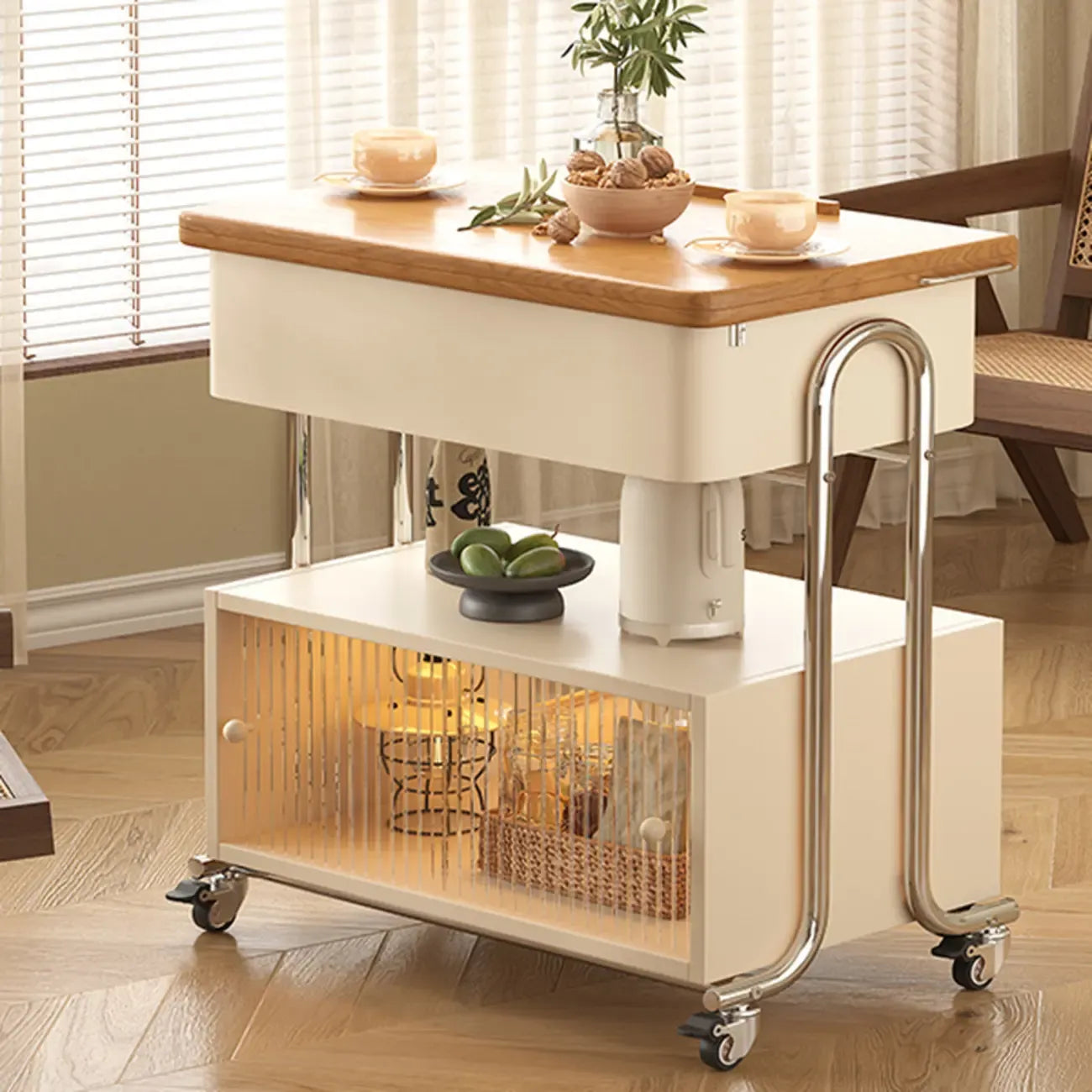 Table d'appoint moderne à roulettes avec plateau pliable et rangement dissimulé