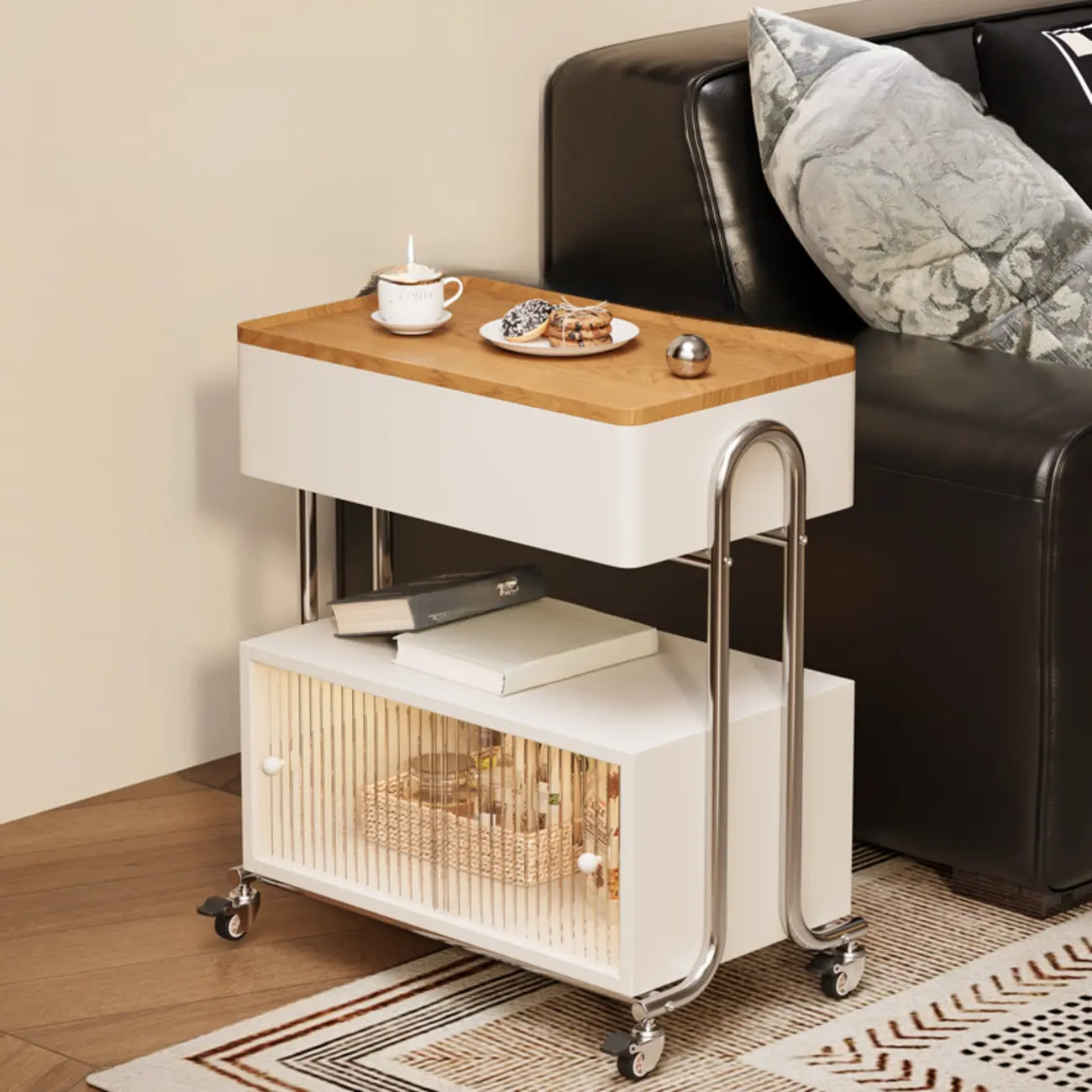 Table d'appoint moderne à roulettes avec plateau pliable et rangement dissimulé
