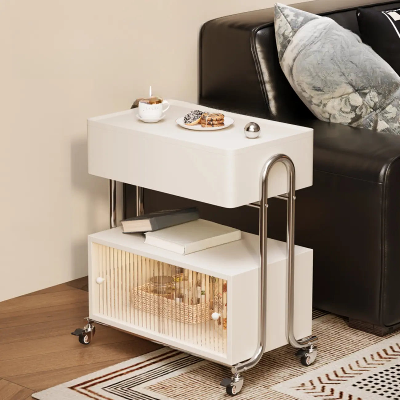 Table d'appoint moderne à roulettes avec plateau pliable et rangement dissimulé