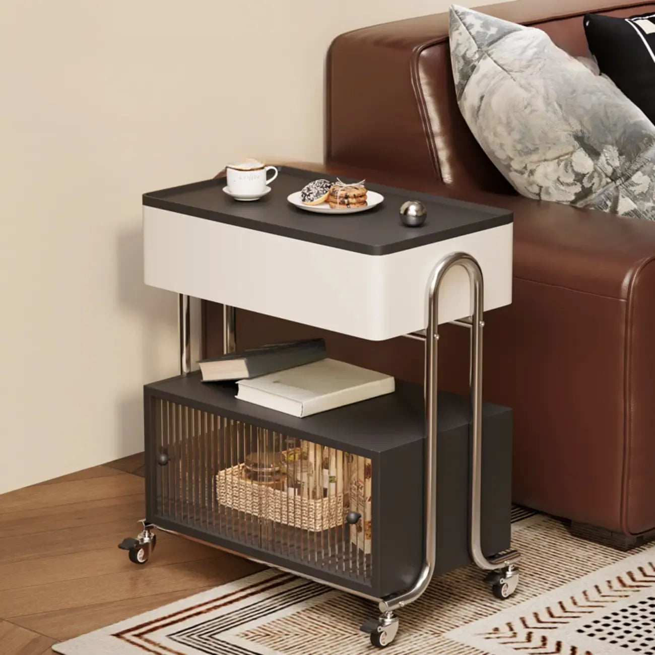 Table d'appoint moderne à roulettes avec plateau pliable et rangement dissimulé
