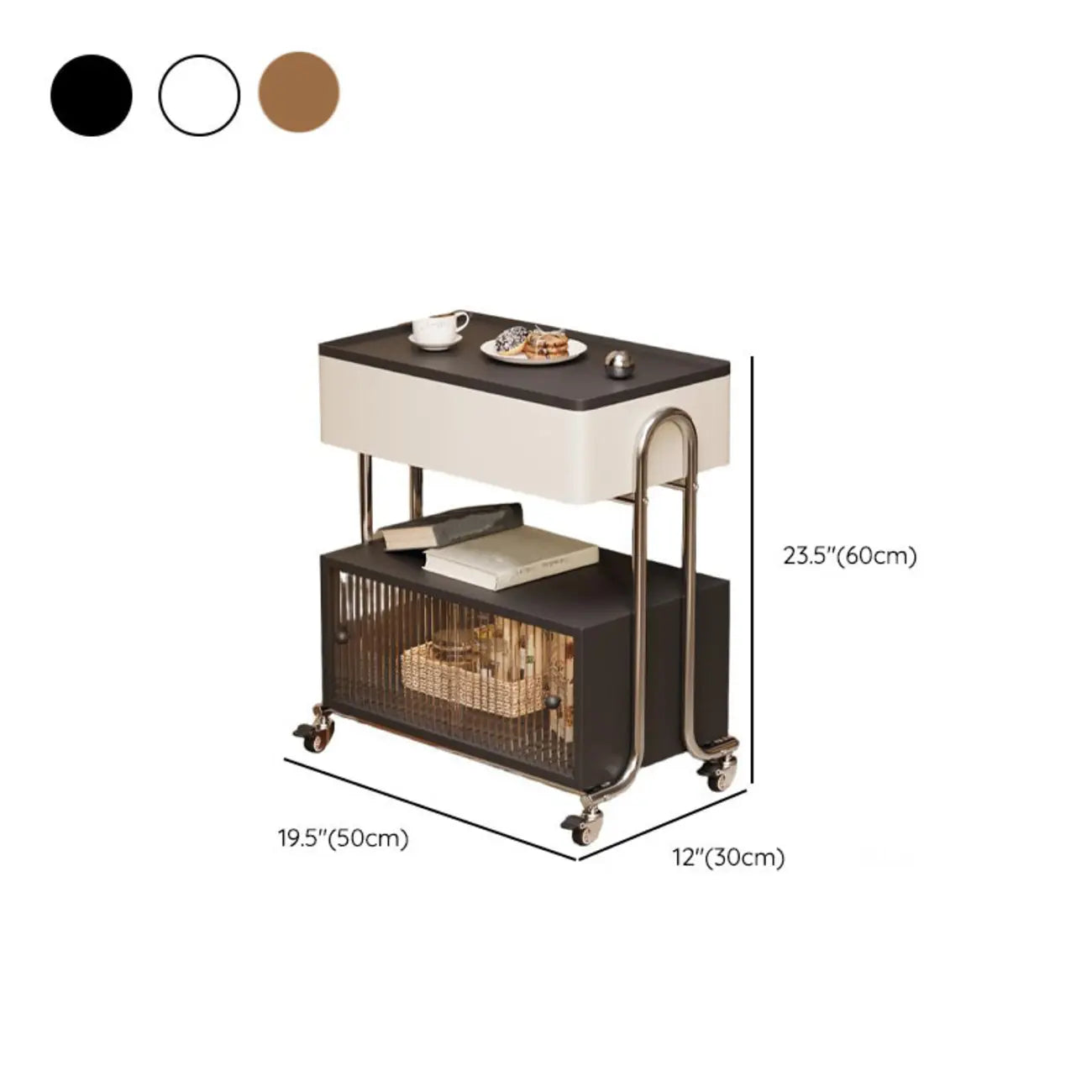 Table d'appoint moderne à roulettes avec plateau pliable et rangement dissimulé