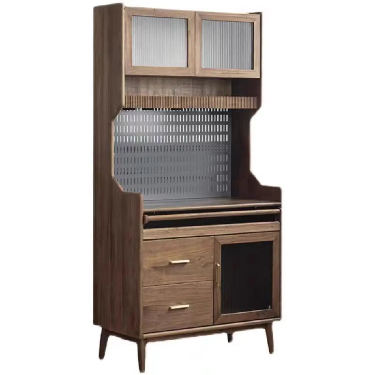 Buffet de cuisine ouvert en bois brun avec étagère