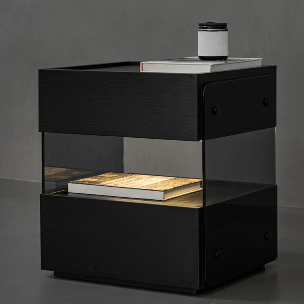 Table de chevet moderne en pin avec 2 tiroirs et éclairage intégré