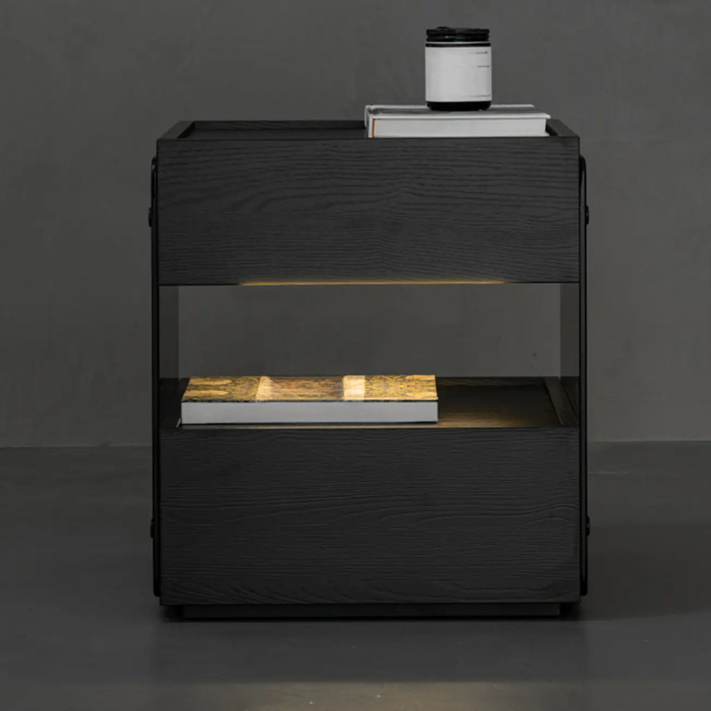 Table de chevet moderne en pin avec 2 tiroirs et éclairage intégré