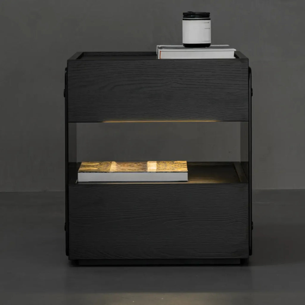 Table de chevet moderne en pin avec 2 tiroirs et éclairage intégré