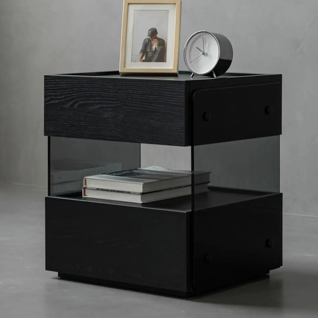 Table de chevet moderne en pin avec 2 tiroirs et éclairage intégré