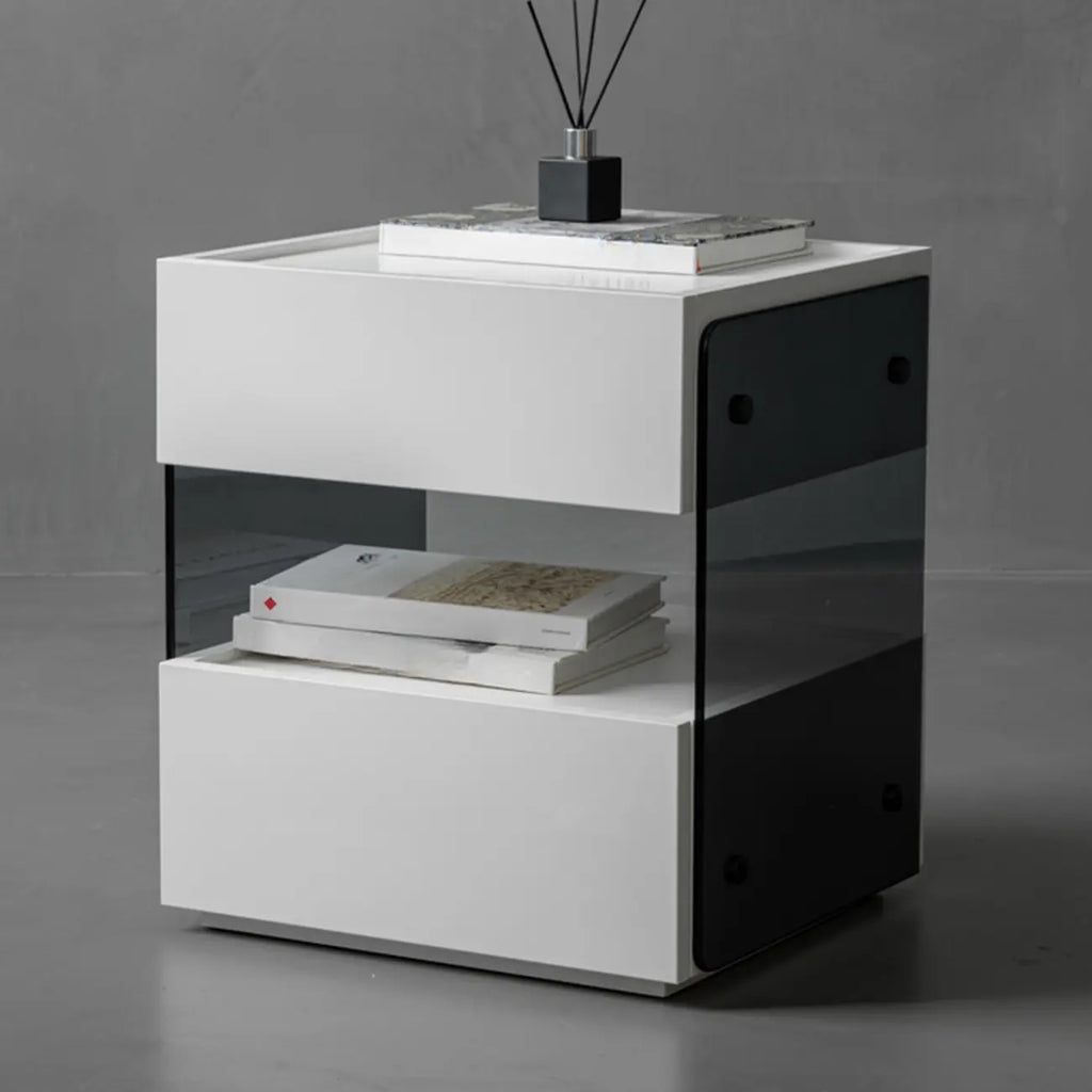 Table de chevet moderne en pin avec 2 tiroirs et éclairage intégré