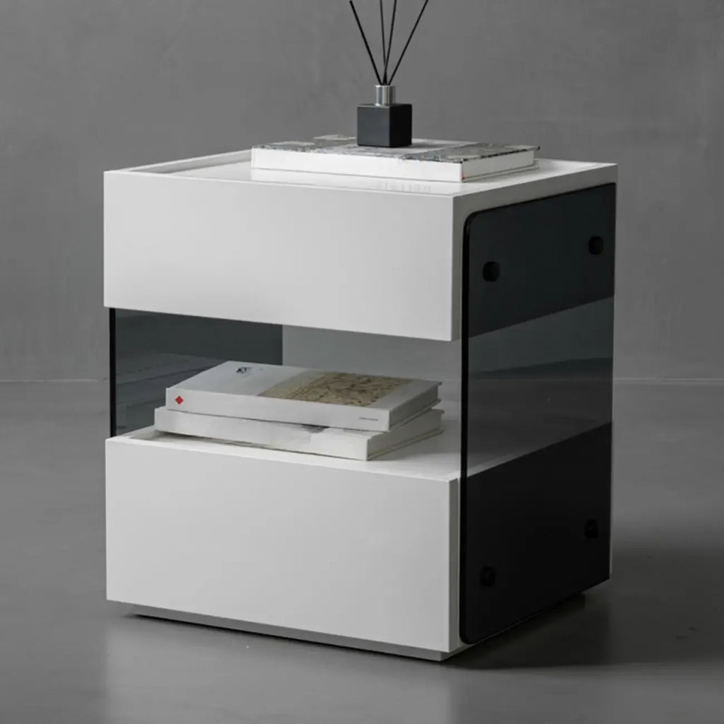 Table de chevet moderne en pin avec 2 tiroirs et éclairage intégré