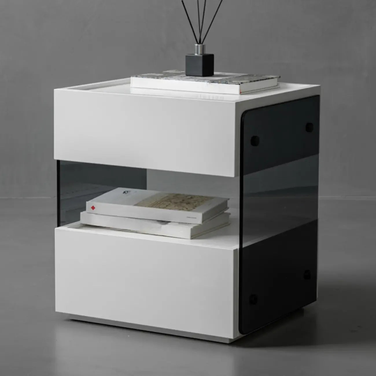 Table de chevet moderne en pin avec 2 tiroirs et éclairage intégré