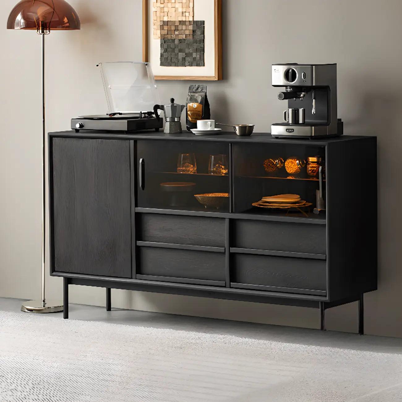 Buffet de rangement à 4 tiroirs en bois noir avec éclairage