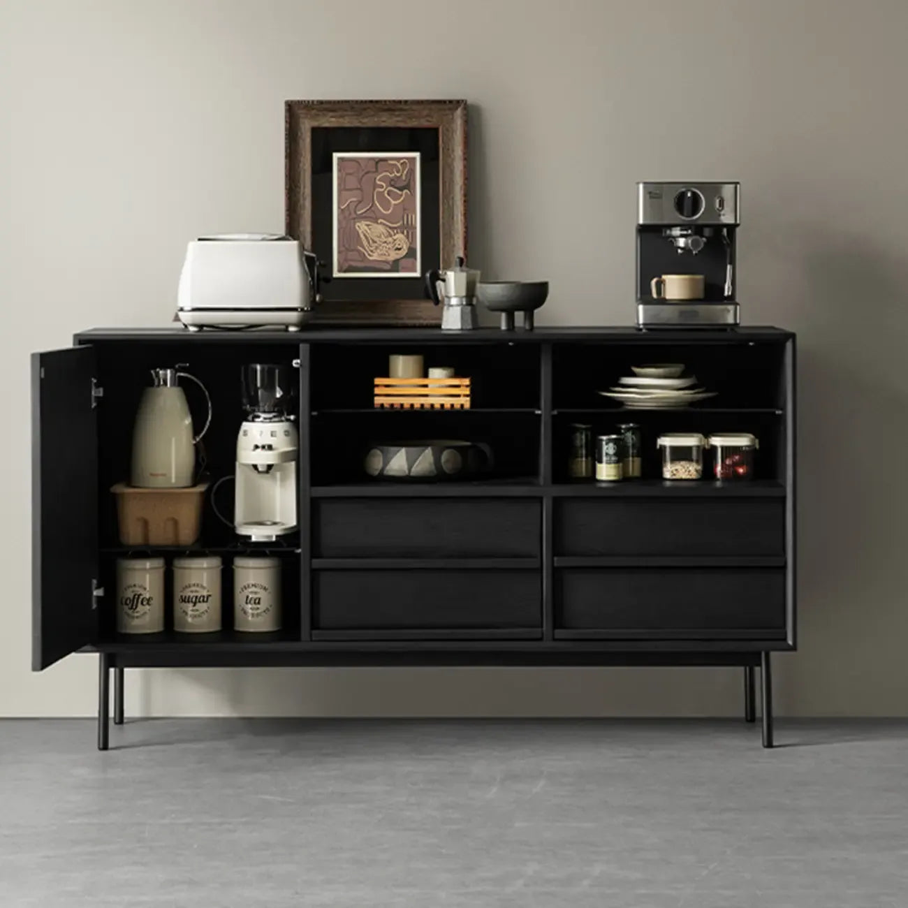 Buffet de rangement à 4 tiroirs en bois noir avec éclairage