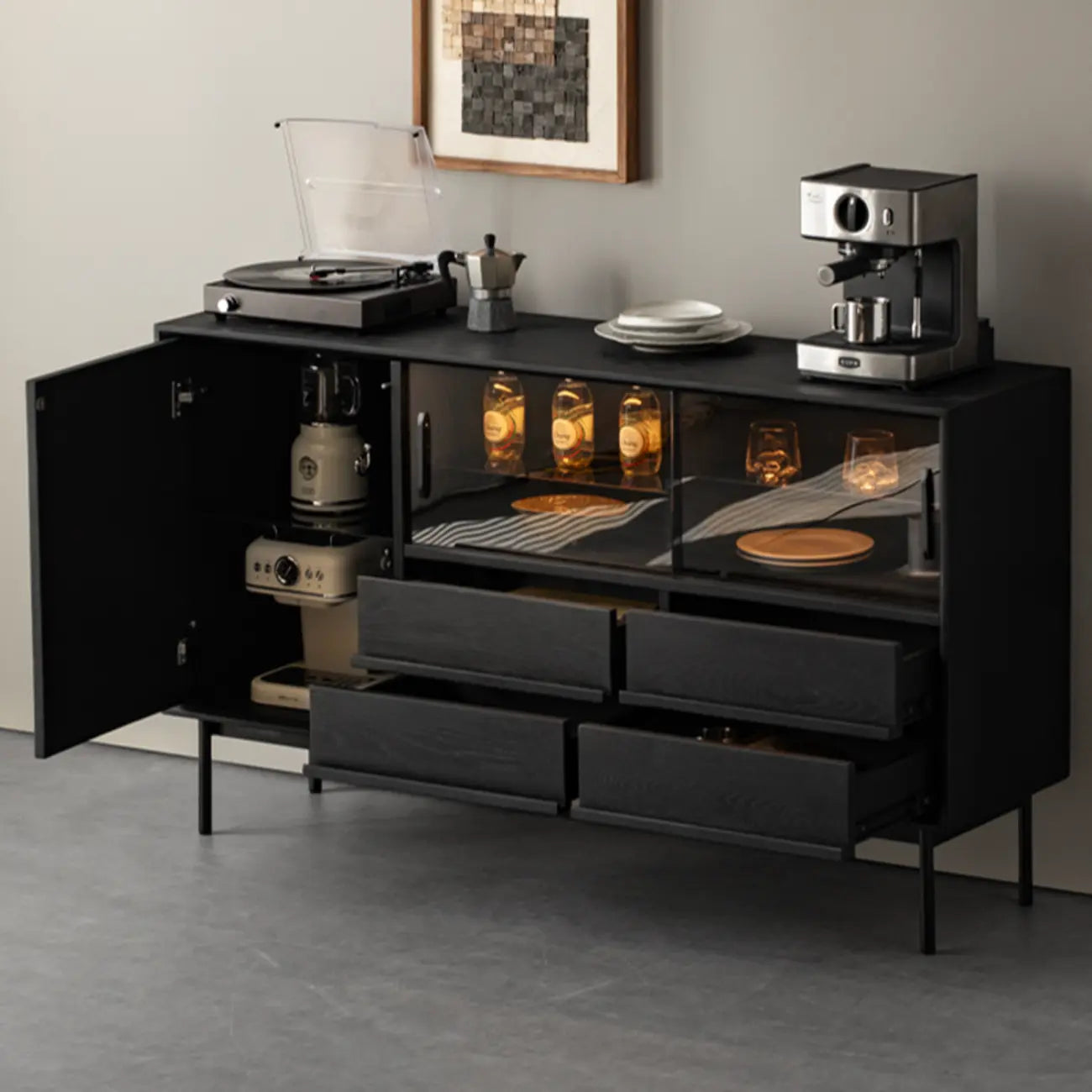 Buffet de rangement à 4 tiroirs en bois noir avec éclairage