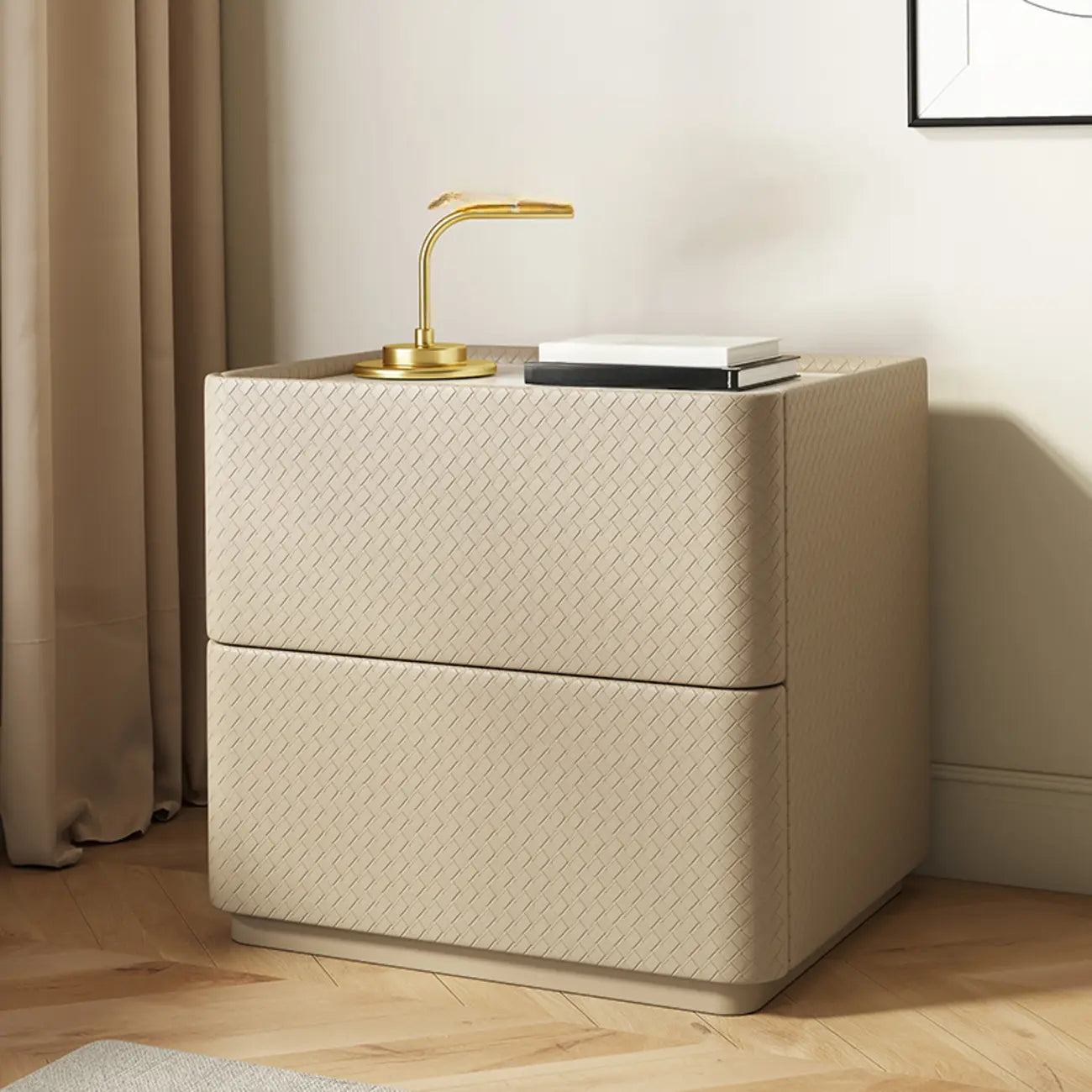 Table de chevet minimaliste en bois à 2 niveaux avec motif quadrillé pour chambre à coucher
