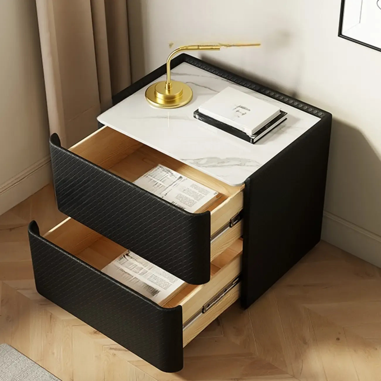 Table de chevet minimaliste en bois à 2 niveaux avec motif quadrillé pour chambre à coucher
