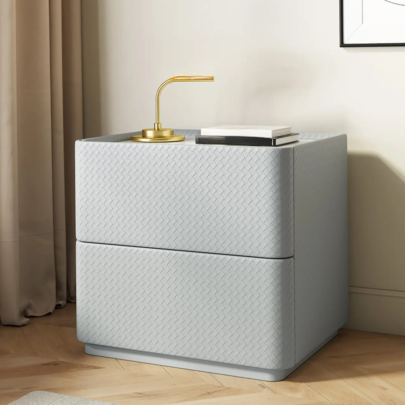 Table de chevet minimaliste en bois à 2 niveaux avec motif quadrillé pour chambre à coucher