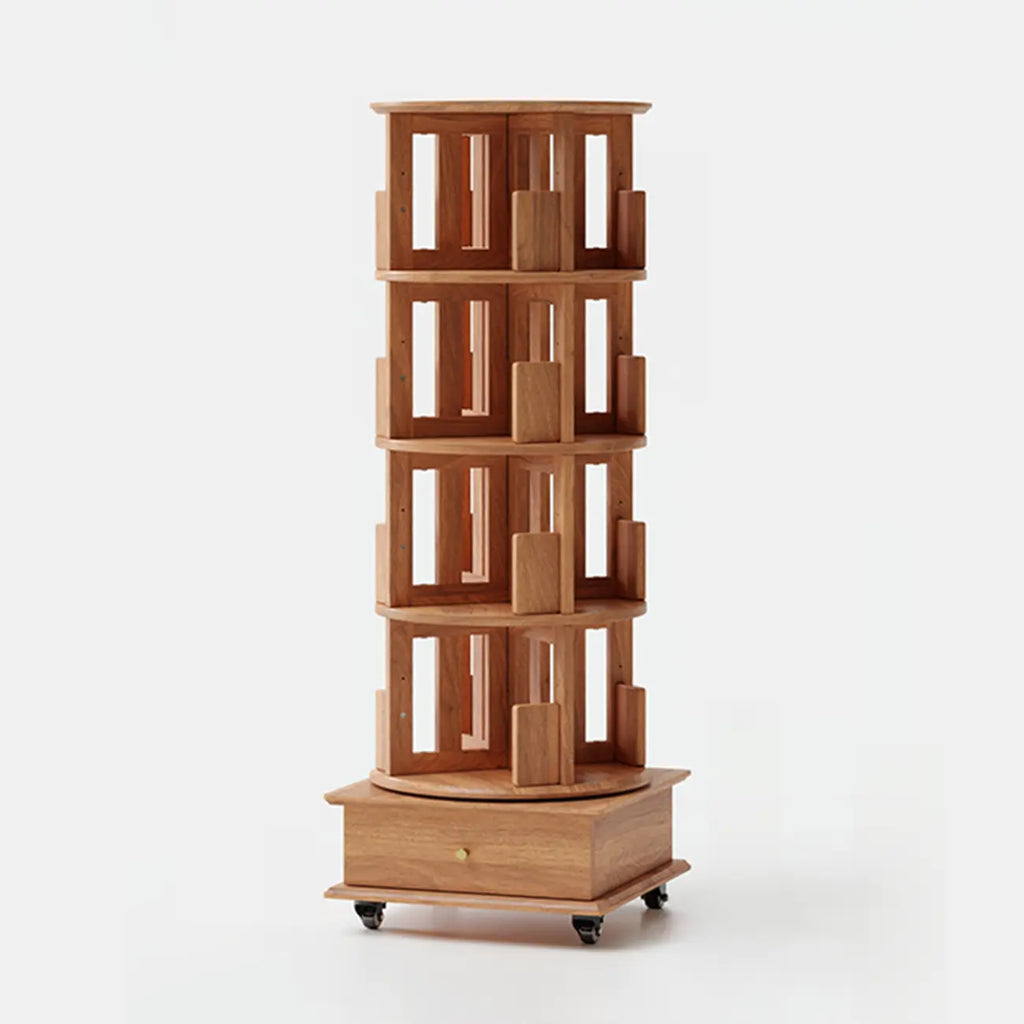 Bibliothèque cylindrique en bois, mobile et pivotante à 360°, avec tiroir