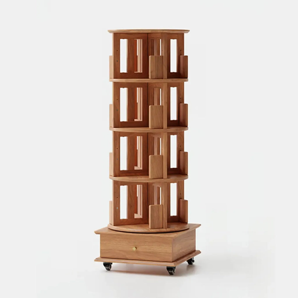 Bibliothèque cylindrique en bois, mobile et pivotante à 360°, avec tiroir