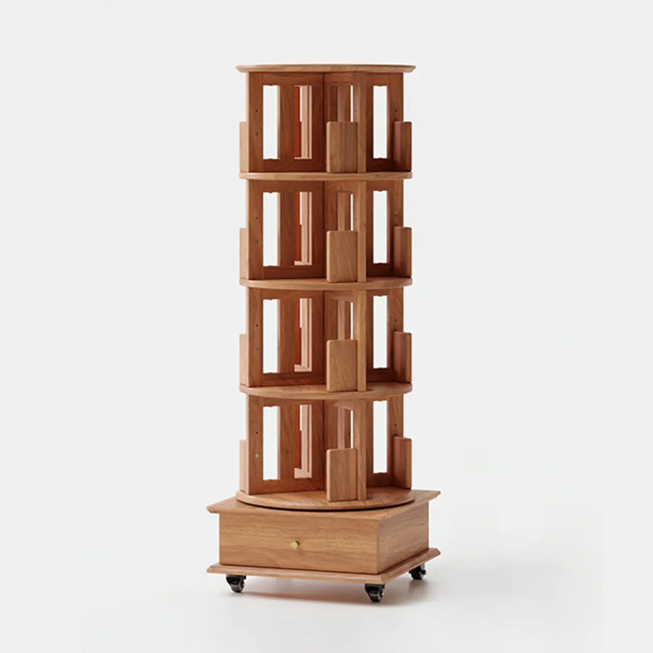 Bibliothèque cylindrique en bois, mobile et pivotante à 360°, avec tiroir