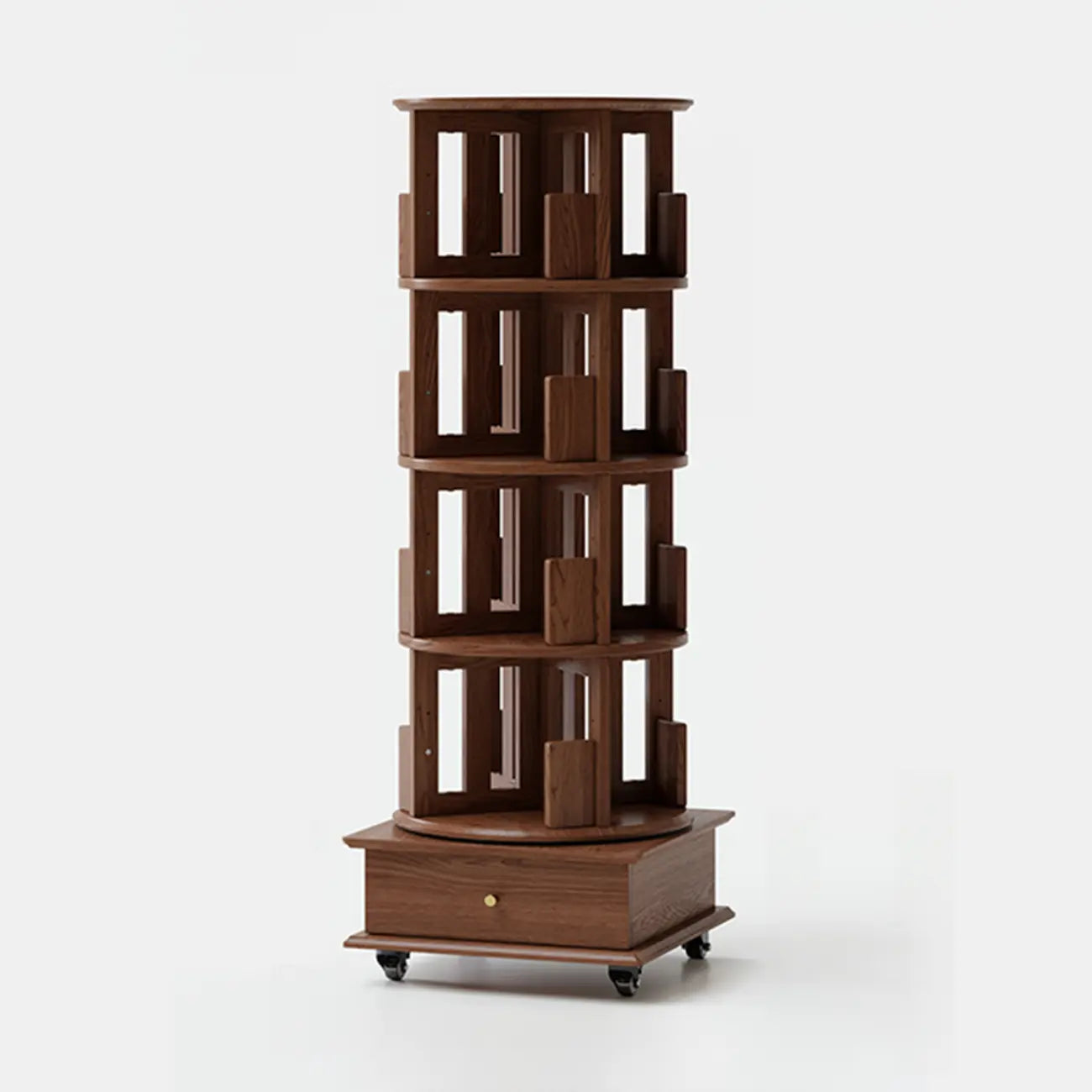 Bibliothèque cylindrique en bois, mobile et pivotante à 360°, avec tiroir