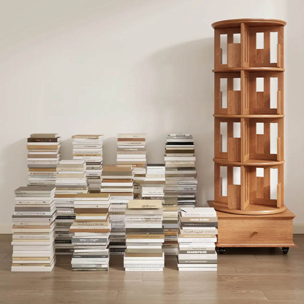 Bibliothèque cylindrique en bois, mobile et pivotante à 360°, avec tiroir