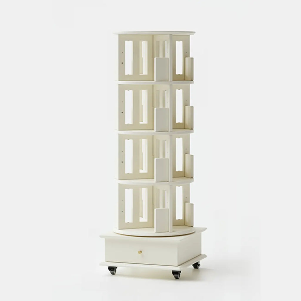 Bibliothèque cylindrique en bois, mobile et pivotante à 360°, avec tiroir