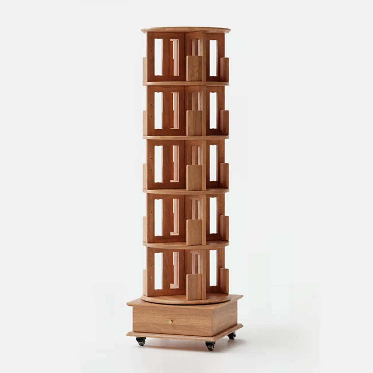 Bibliothèque cylindrique en bois, mobile et pivotante à 360°, avec tiroir