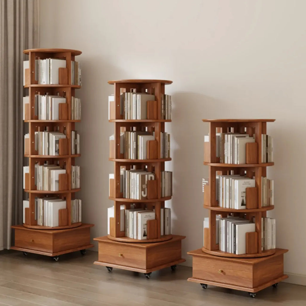 Bibliothèque cylindrique en bois, mobile et pivotante à 360°, avec tiroir